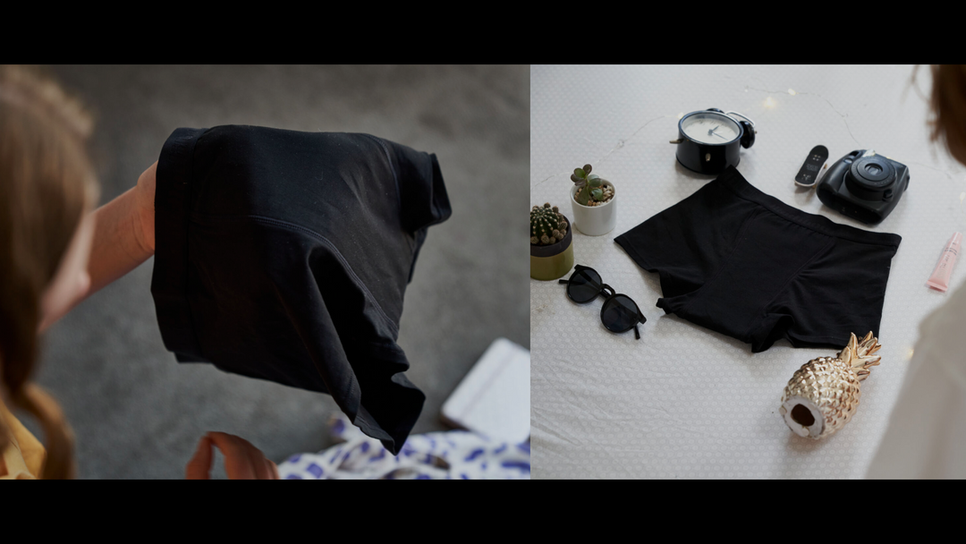 תחתוני מחזור של מודיבודי מונחים על משטח, המציגים את החדשנות הטכנולוגית והפתרון המודרני והאסתטי של המאה ה-21 להיגיינה נשית