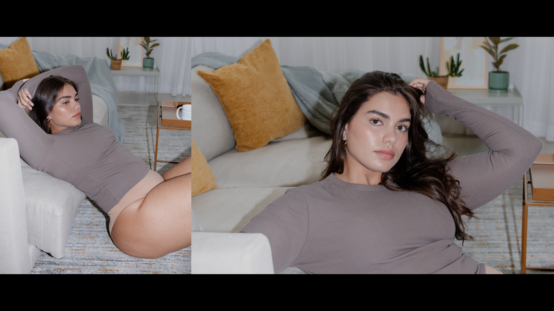 בחורה יושבת בנוחות בסלון הבית לובשת תחתוני מודיבודי, ומבצעת תרגילים לחיזוק ושיקום רצפת האגן