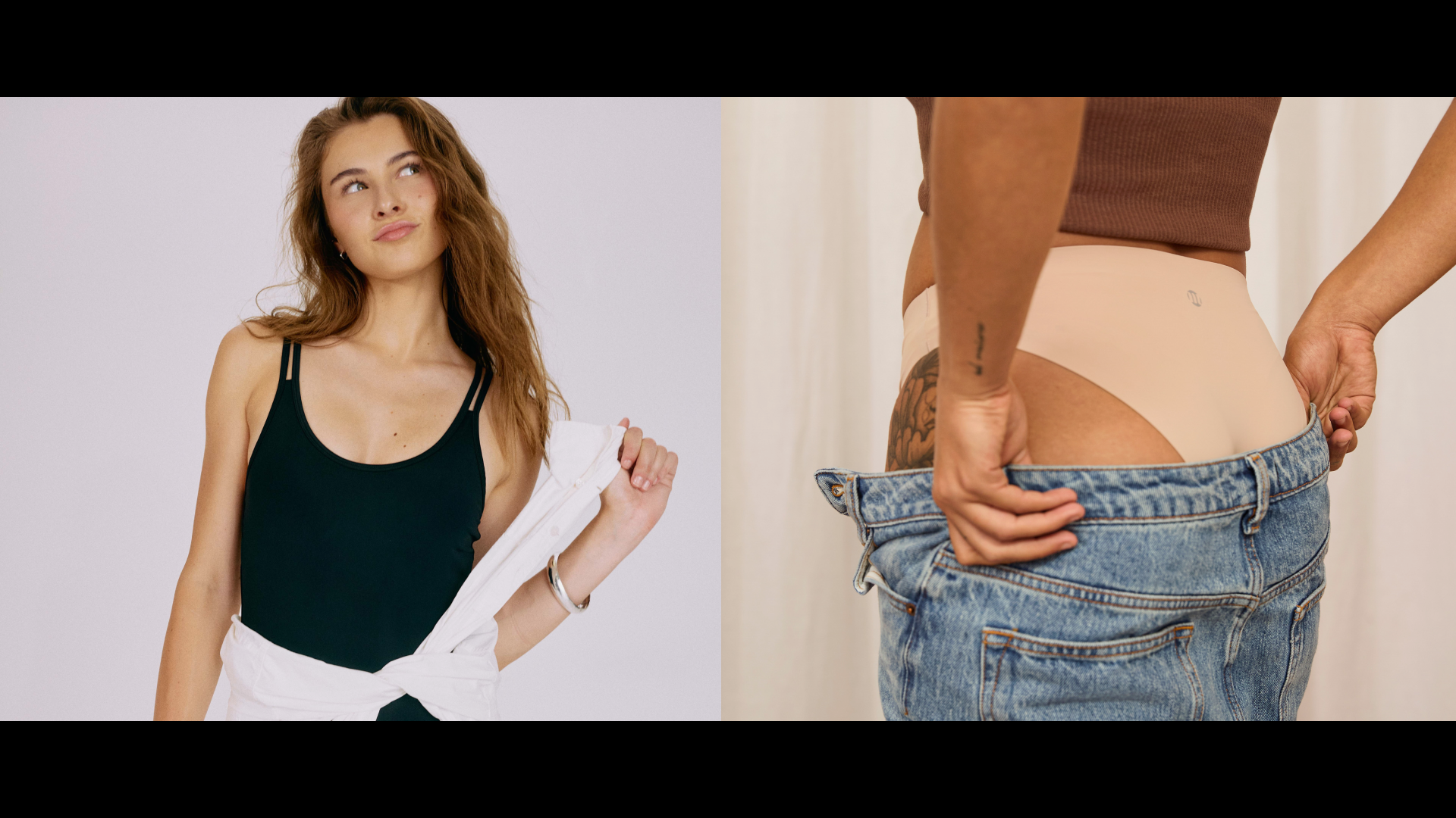 לקוחת מודיבודי, לובשת את התחתונים בביטחון – תמונה הממחישה את החזרה לשגרה, קבלה עצמית ותחושת החופש מדליפת שתן אחרי לידה.