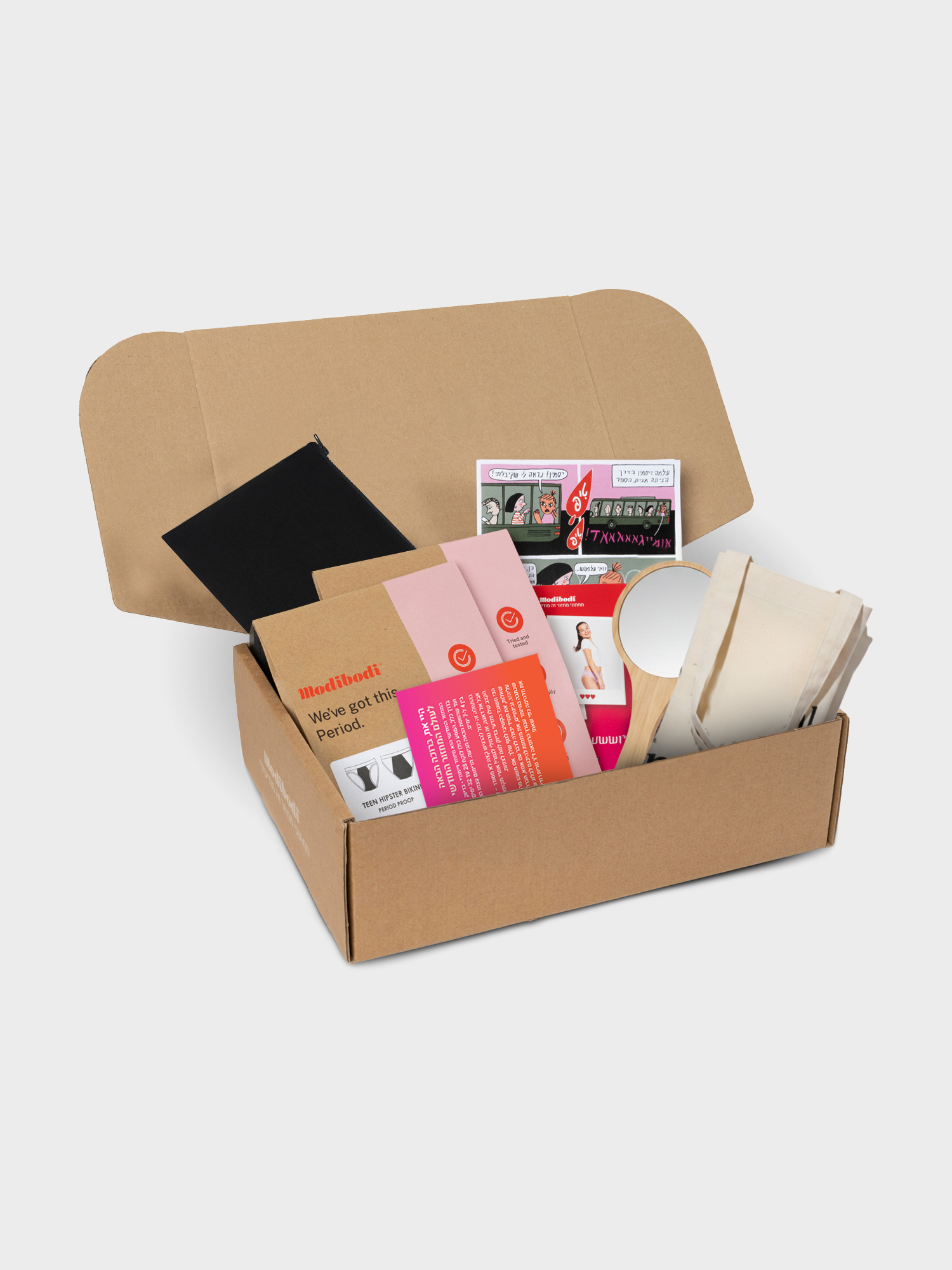 קופסת ערכת "רוזה" לווסת ראשונה של מודיבודי, המכילה את כל מוצרי הערכה באריזה מעוצבת וחגיגית.