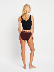מבט מהגב על ביקיני סקסי - ספיגה גבוהה בצבע Bitter Chocolate Brown, המציג כיסוי ישבן רגיל. מידת הדוגמנית: XS