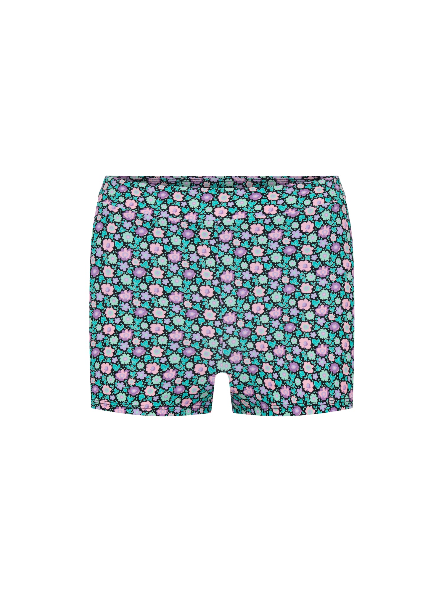 מכנסון בגד ים סופג לנערות בהדפס פרחוני שחור מבט מלפנים. פקשוט