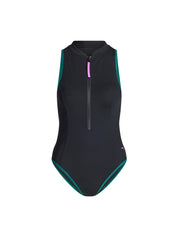 בגד ים שלם למחזור פומה עם רוכסן קדמי וצווארון גבוה מבט מלפנים.  פקשוט