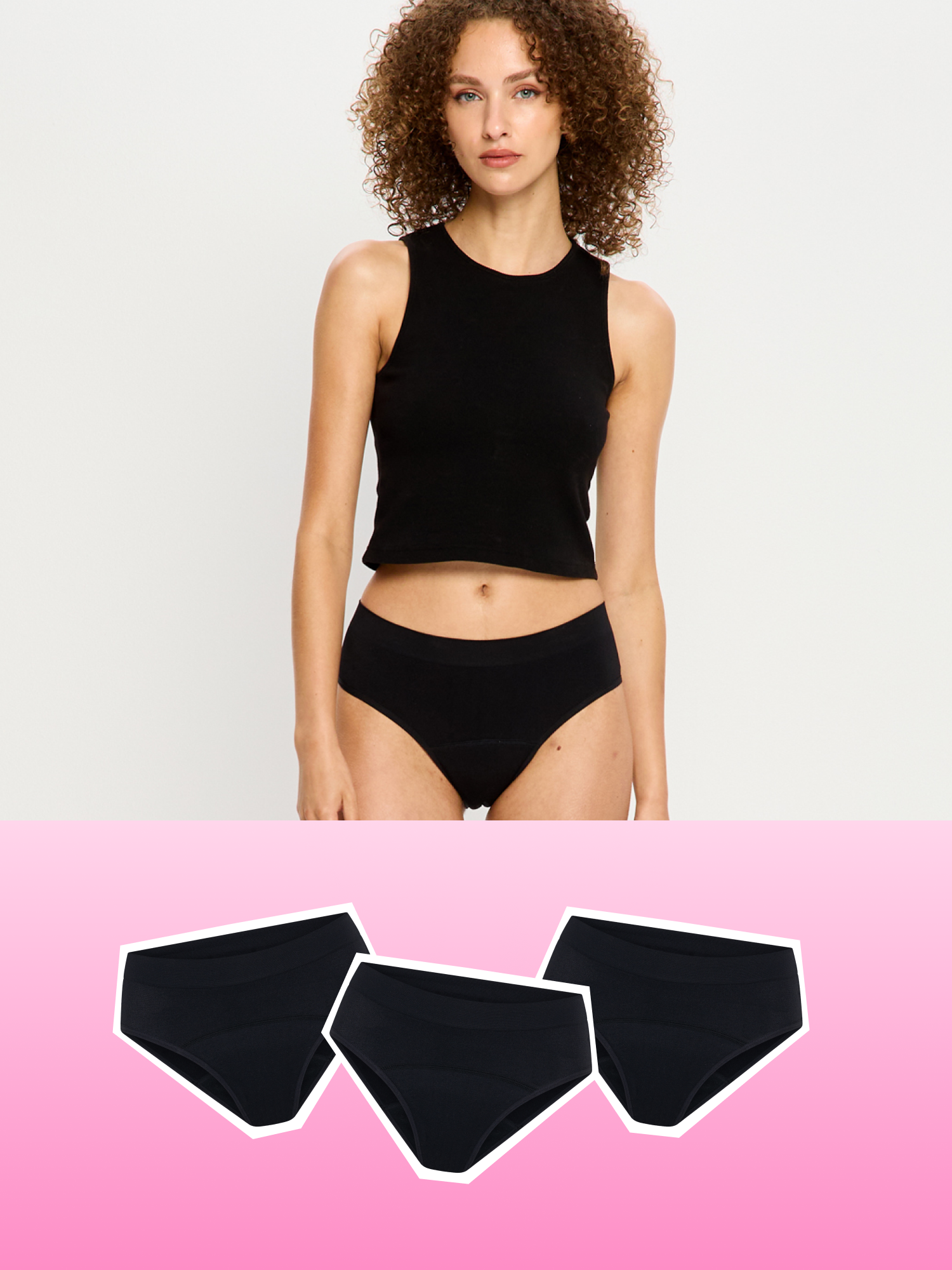 תחתונים למחזור דגם סופטסטרצ' ביקיני מארז זוגי, גזרת אמצע עם כיסוי ישבן רגיל, מבט מלפנים על הגוף, מידת הדוגמנית - S