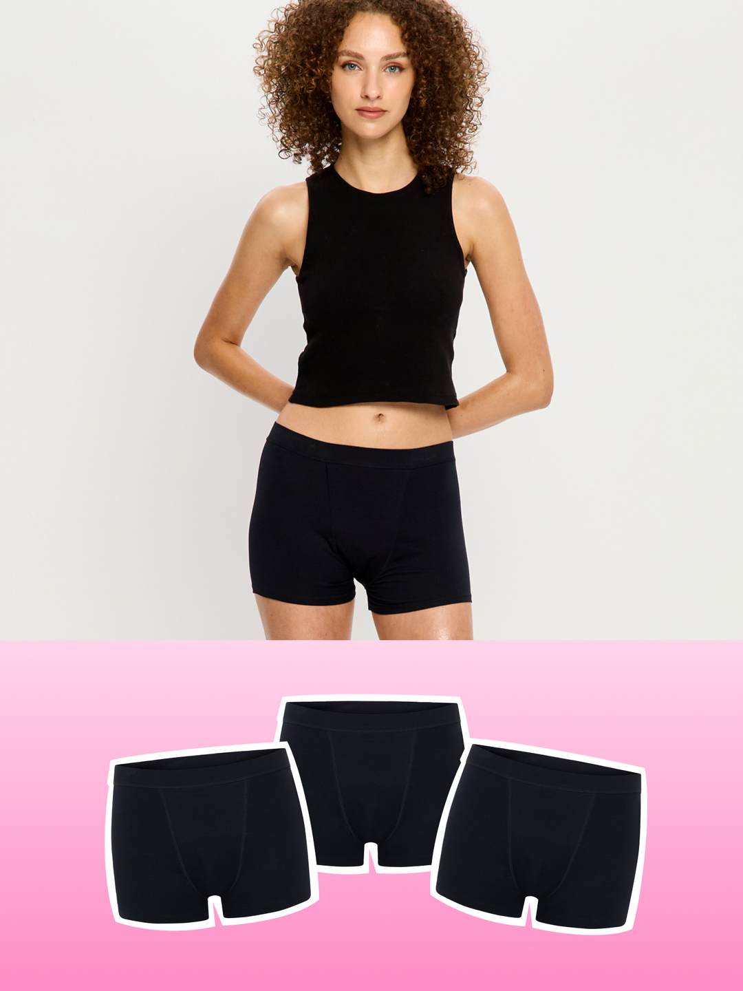 תחתונים למחזור דגם סופטסטרצ' בוישורטס מארז שלישייה, גזרת אמצע עם כיסוי ישבן מלא, מבט מלפנים על הגוף, מידת הדוגמנית - S