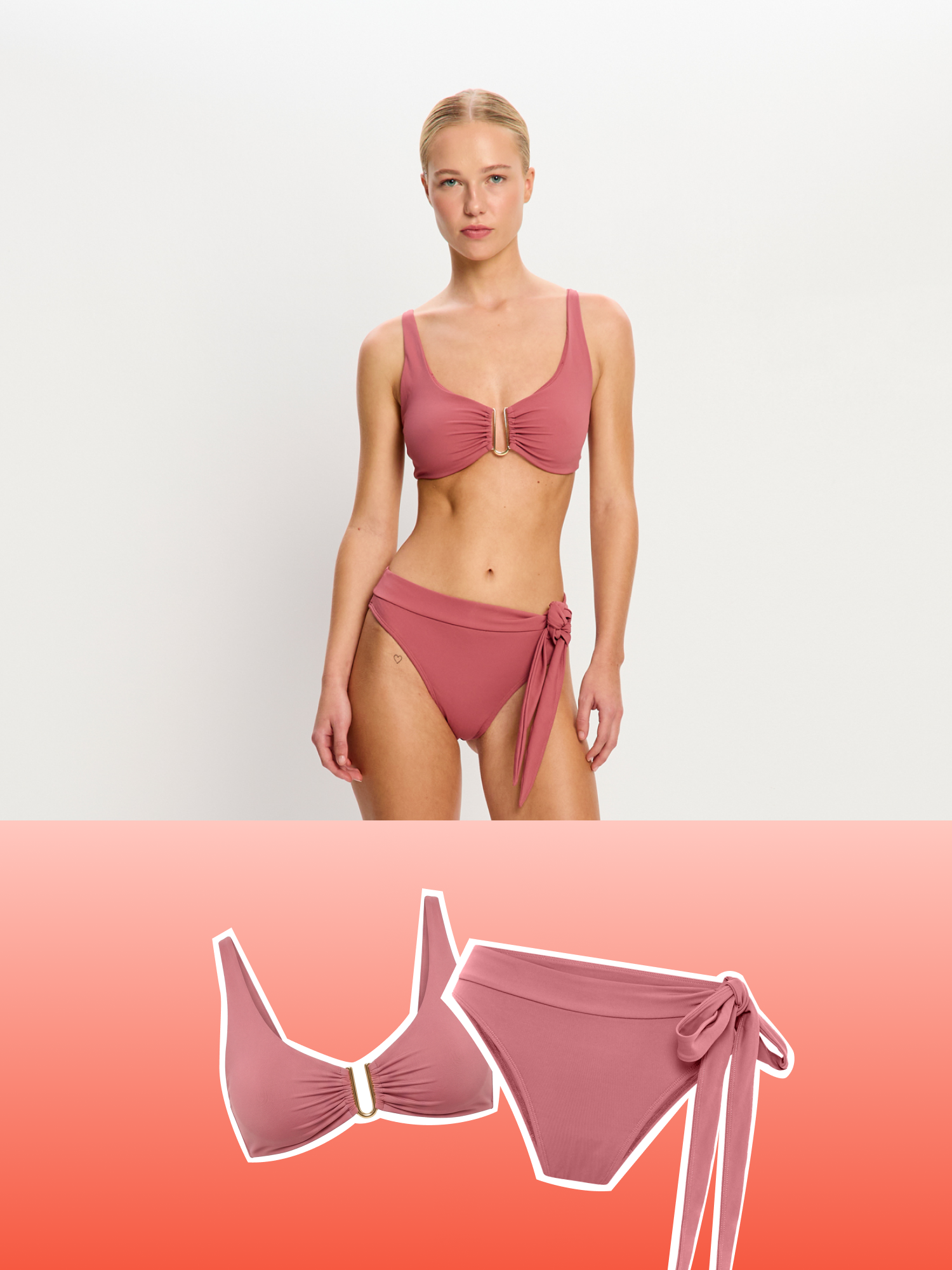 סט בגד ים היי וויסט מולוקאי סופג למחזור חלק תחתון של מודיבודי, גזרה גבוהה עם קשירה דקורטיבית, מידת הדוגמנית: S