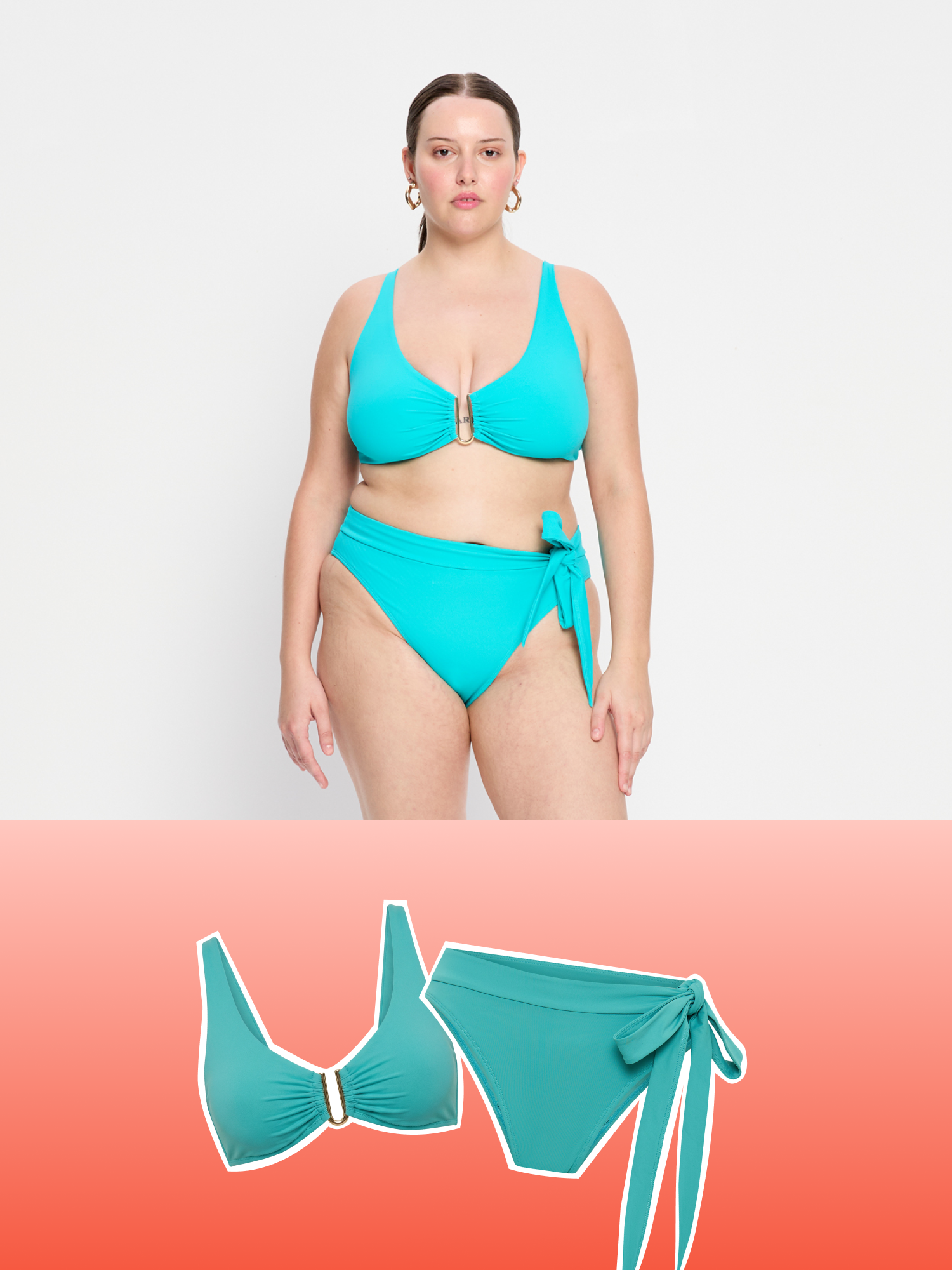 סט בגד ים היי וויסט מולוקאי סופג למחזור חלק תחתון של מודיבודי, גזרה גבוהה עם קשירה דקורטיבית, מידת הדוגמנית: L