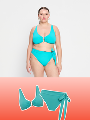 סט בגד ים היי וויסט מולוקאי סופג למחזור חלק תחתון של מודיבודי, גזרה גבוהה עם קשירה דקורטיבית, מידת הדוגמנית: L