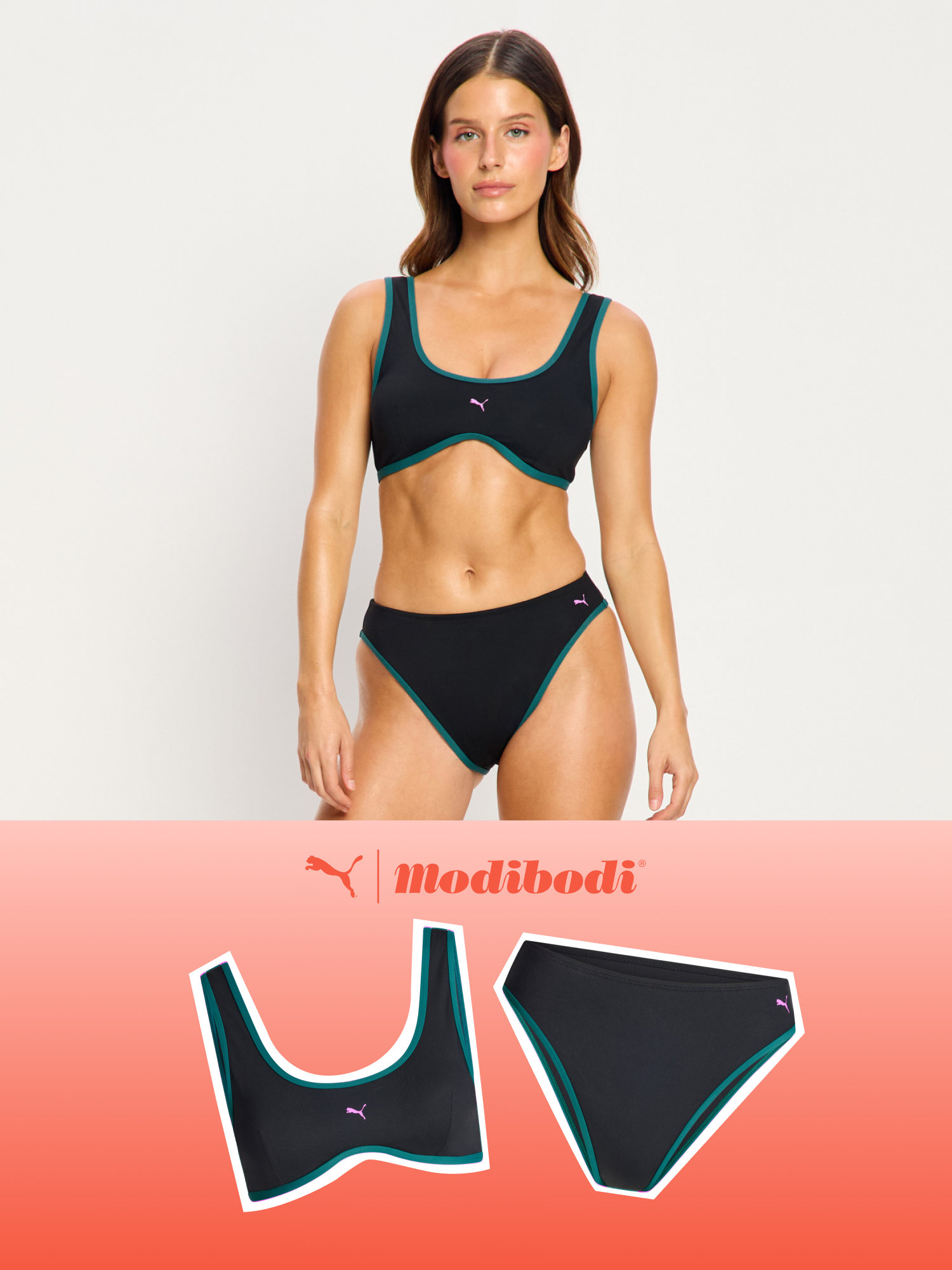 בגד ים מחזור פומה X מודיבודי היי לג צ'יקי מבט מלפנים. מידת הדוגמנית: S