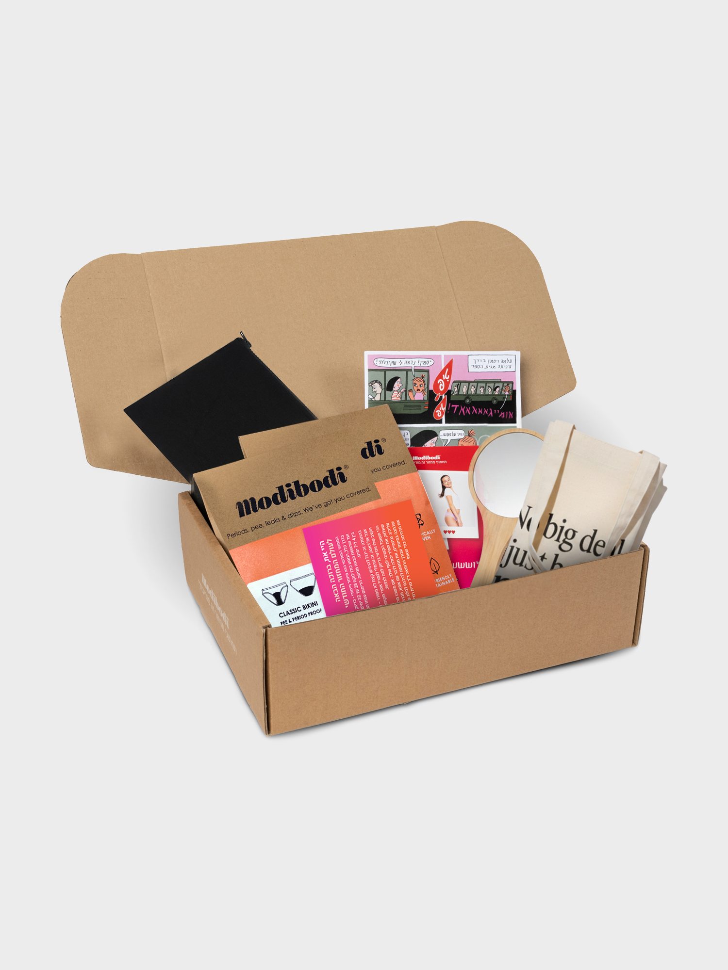 קופסת ערכת "רוזה" לווסת ראשונה של מודיבודי, המכילה את כל מוצרי הערכה באריזה מעוצבת וחגיגית.