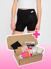 קופסת ערכת "רוזה" לווסת ראשונה של מודיבודי, המכילה את כל מוצרי הערכה וזוג מכנסי שינה באריזה מעוצבת וחגיגית.