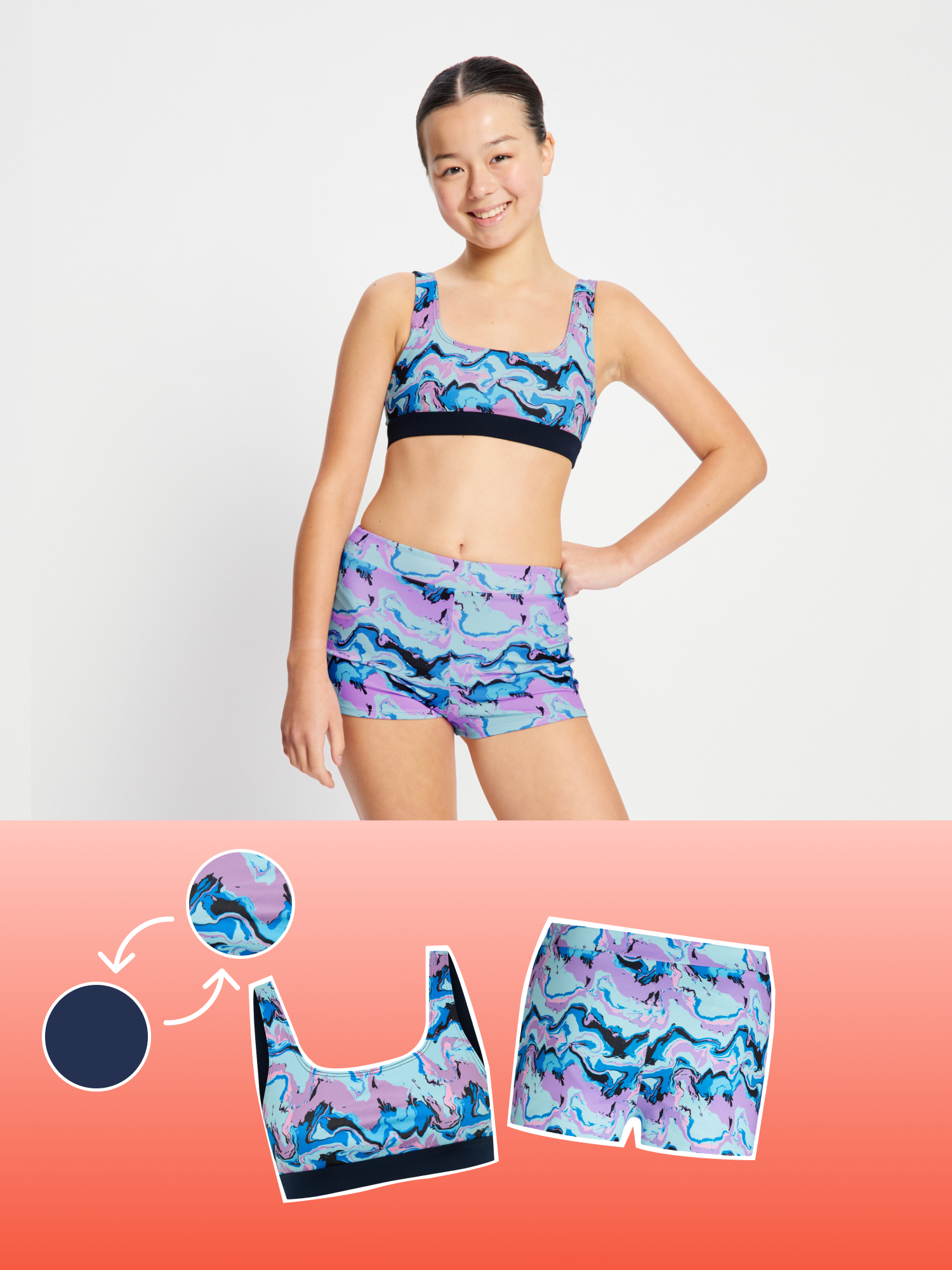 סט מכנסון ומטופ בגד ים דו-צדדי לנערות, עיצוב ספורטיבי ונוח לכל פעילות במים. מידת הדוגמנית- 10-12.