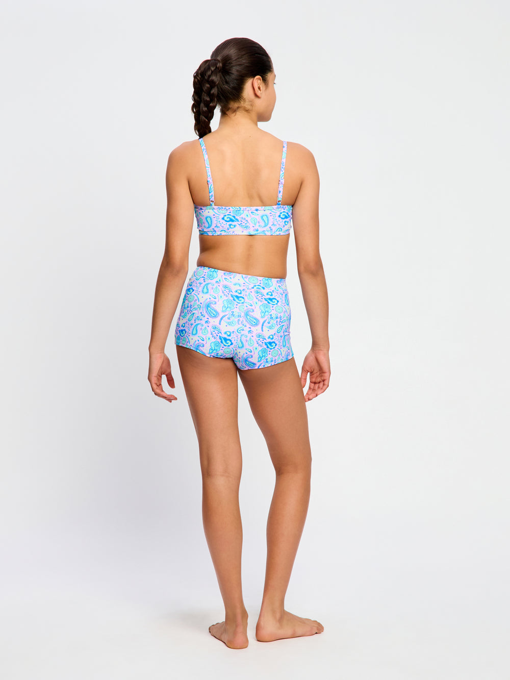 טופ בגד ים לנערות הדפס פייזלי מבט מהגב עם כתפיות מתכווננות, מידת הדוגמנית 10-12.